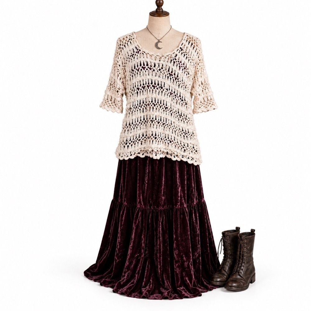 Crochet Boho Whimsigoth Top Womens 1X Fairy Sequin Phoebe 90s Layering